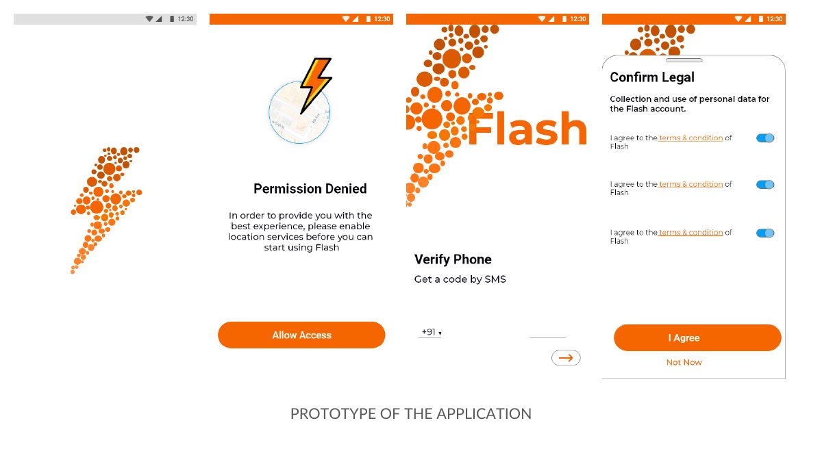 Prototype screens: splash, location permission, phone verification and legal consent
