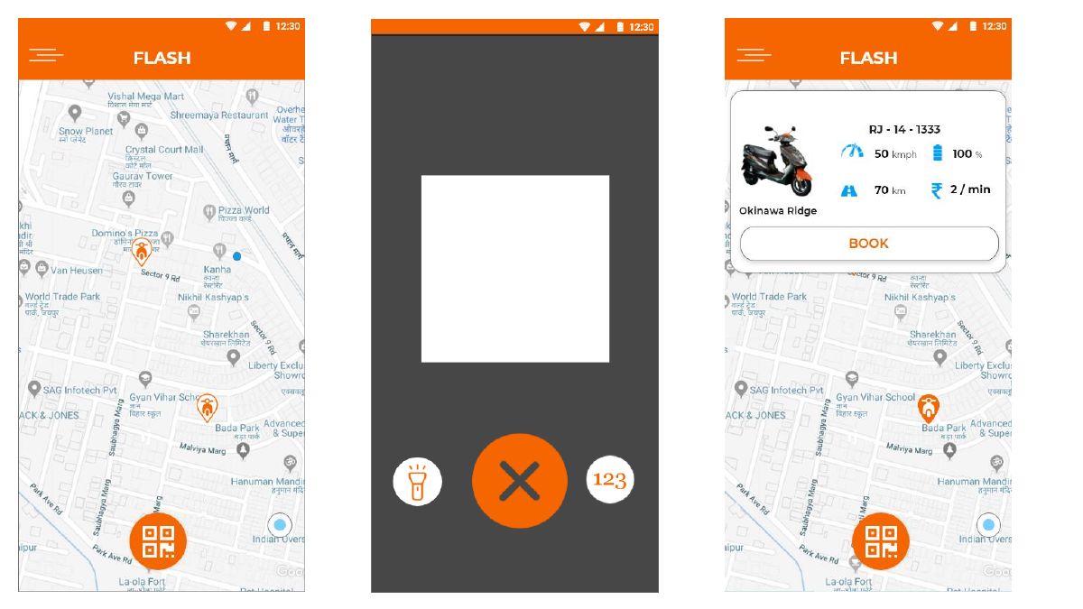 Prototype screens: map with stations, QR scan and scooter details